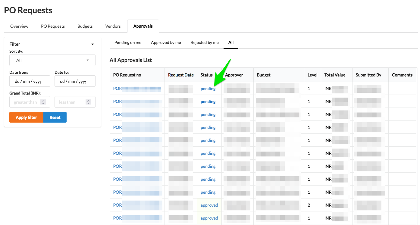 Click on status "pending" link of the POR