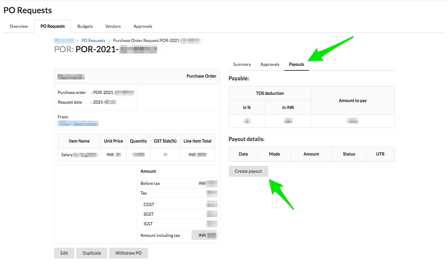 Payouts tab and create payout